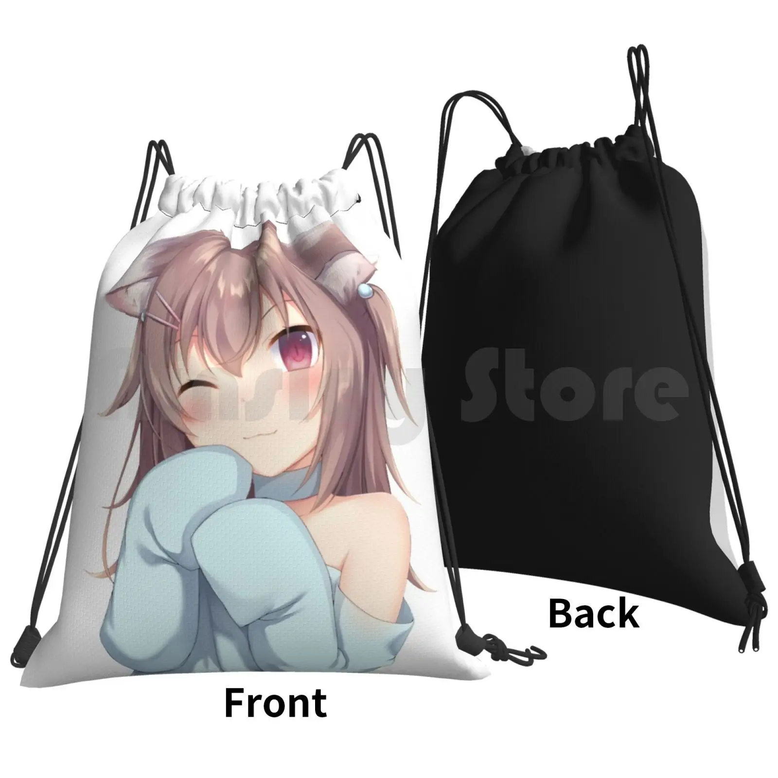 Adorable Cat Neko Girl Backpack Drawstring Bag Riding Climbing Gym Bag Red Eyes Cute Brown Hair Neko Cat Girls Japanese