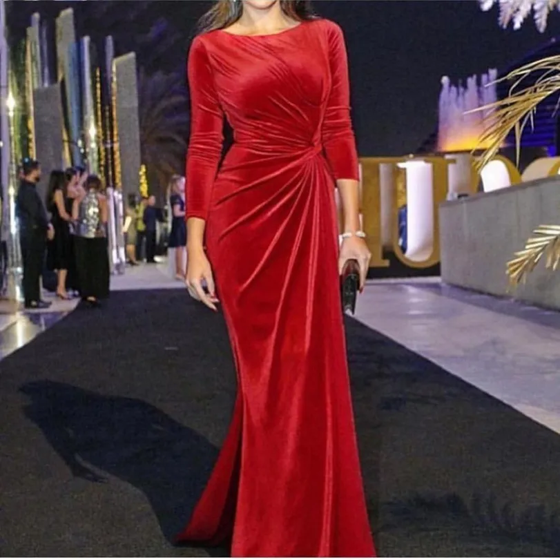 Elegant Red Long Sleeve Velvet Evening Dresses 2025 Scoop Mermaid Pageant Formal Gowns Abiye Muslim Robe De Soiree Customized