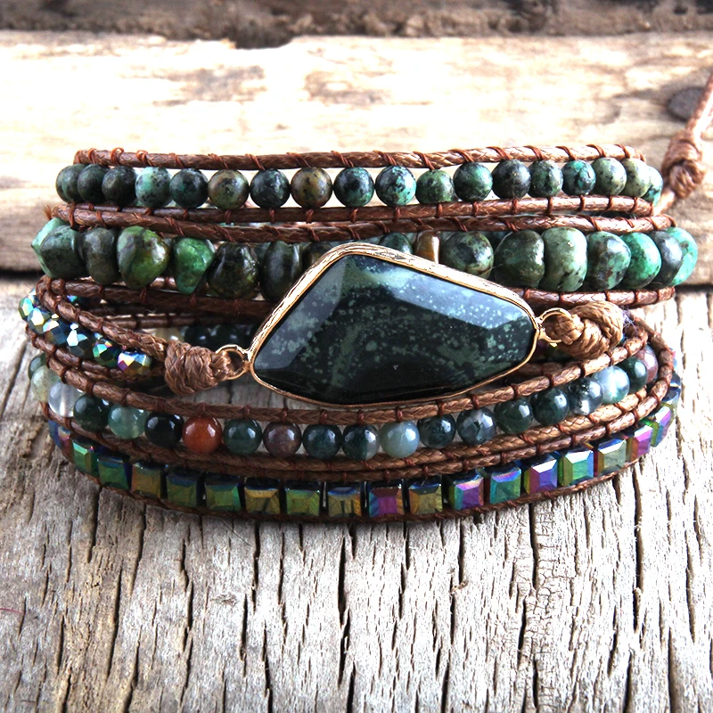 RH Fashion Boho Bracelet  African Turqu Natural Stones Grass Green Charm 5 Strands Woven Wrap Bracelets Gift Dropshipping