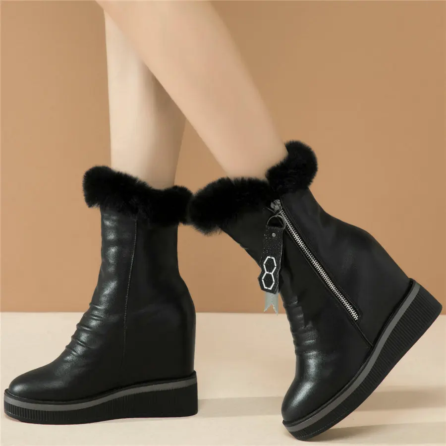 Winter Casual Shoes Women Cow Leather Wedges High Heel Pumps Shoes Female Warm Rabbit Fur Fashion Sneakers High Top Snow Boots