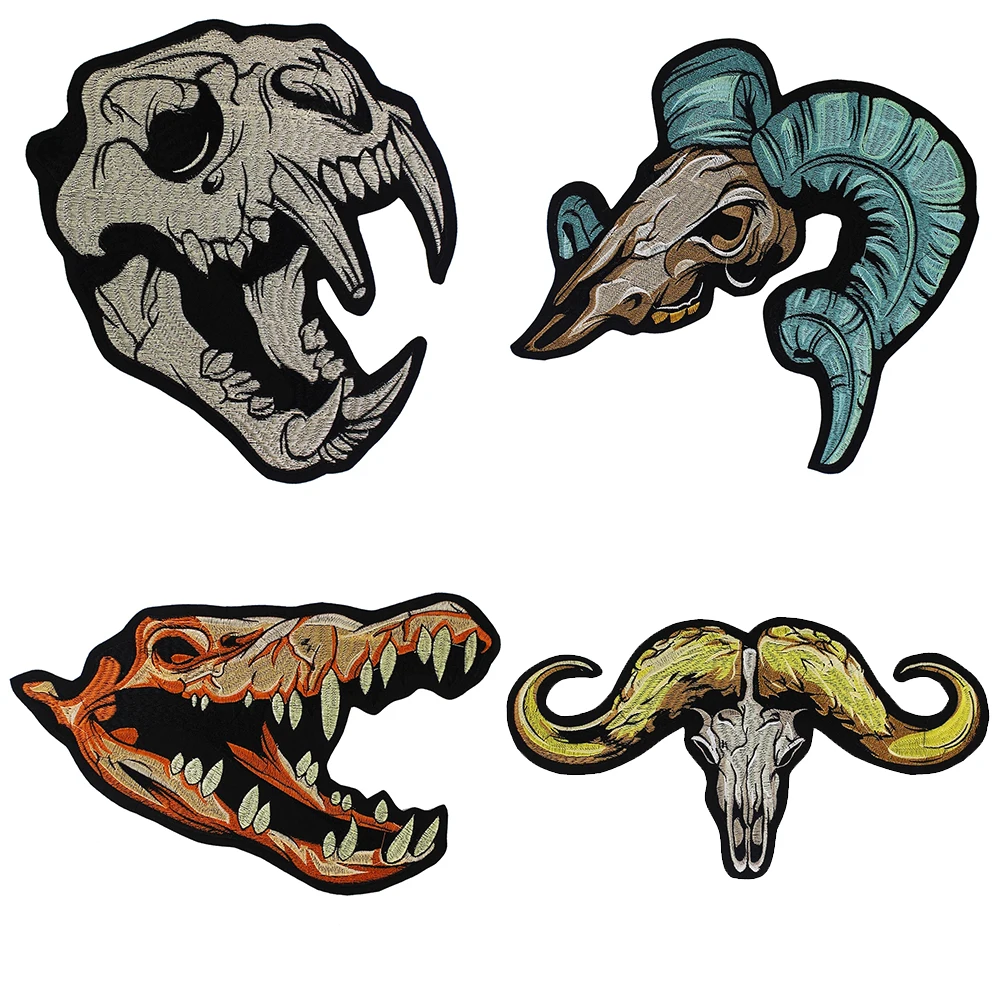 Embroidery Dinosaur Goat Sheep Head Skeleton Patch Applique Badge Clothes Patch Iron on Patches Retro Clothes Motor Jacket 2pc