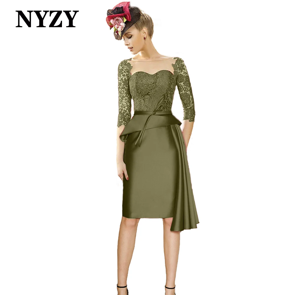 Nyzy M360 Vintage 3/4 Mouwen Korte Moeder Van De Bruid Lace Jurken 2021 Bourgondië Party Dress Cocktail Prom Vestidos De fiesta