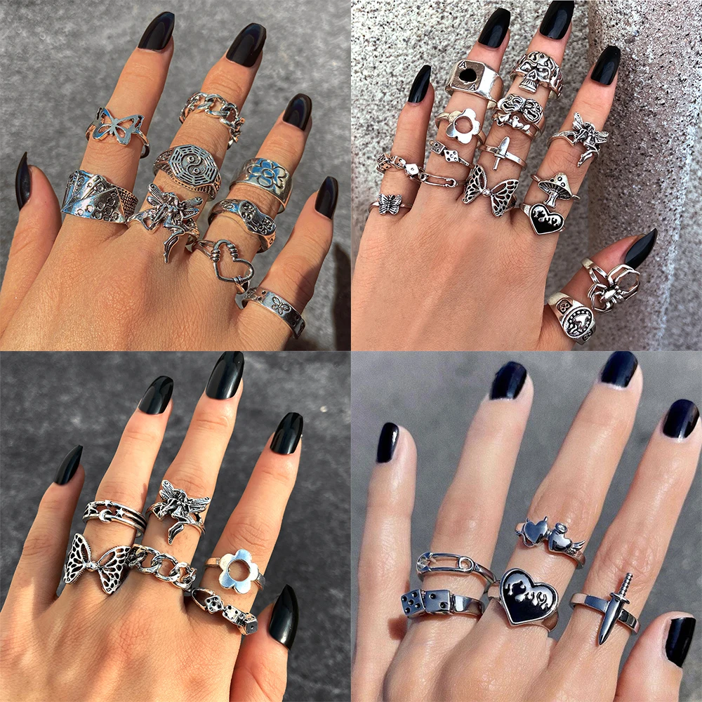 Punk Vintage Silver Color Poker Billiards Ring Set for Women Gothic Heart Anillos Hip Hop Y2k Korean Fashion Male Gift Jewelry