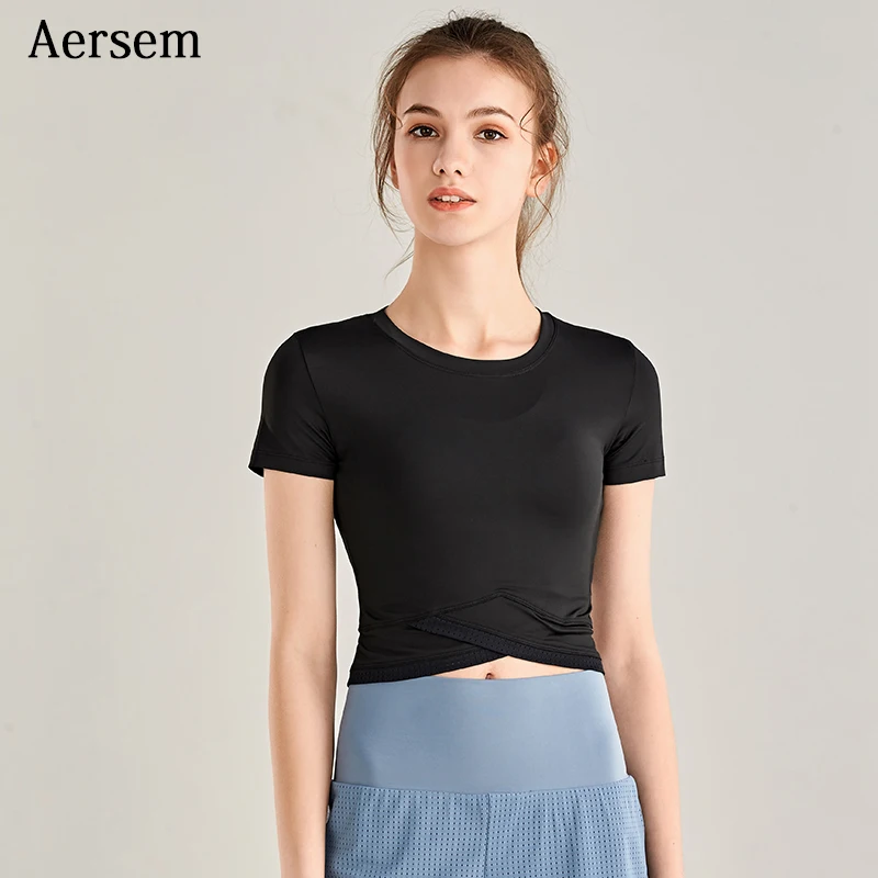 Aersem Yoga Sport Shirt Women Fitness Vest Navel Quick Dry Jogger Workout Blouse Tight Tops Running Sport Shirts Breathable 2020