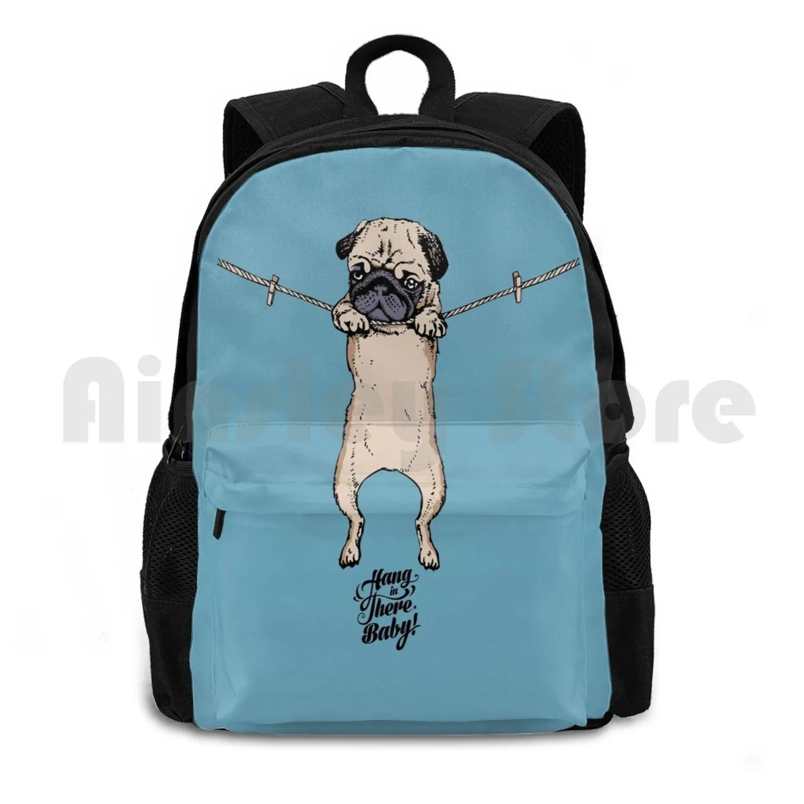 

Hang In There Baby Outdoor Hiking Backpack Riding Climbing Sports Bag Graphite Typography Animals Graphic Design Childrens Pug