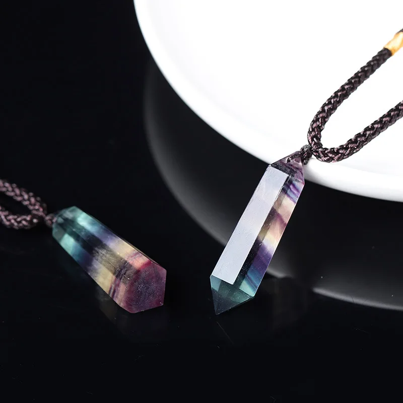 Natural Corlorful Rainbow Fluorite Quartz Double Point Crystal Pendant Necklace Chakra Healing Stone Charm Jewelry Gifts