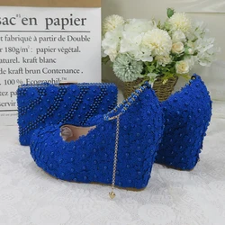 BaoYaFang New Wedges Royal Blue Lace-up Flower Wedding shoes and bags woman shoes Bridesmaid fashion ankle strap Womens Pumps