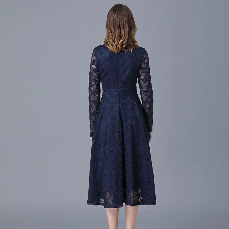 Brand lace dress women's spring and autumn dress new French medium length dress shows thin temperament over Knee Skirt