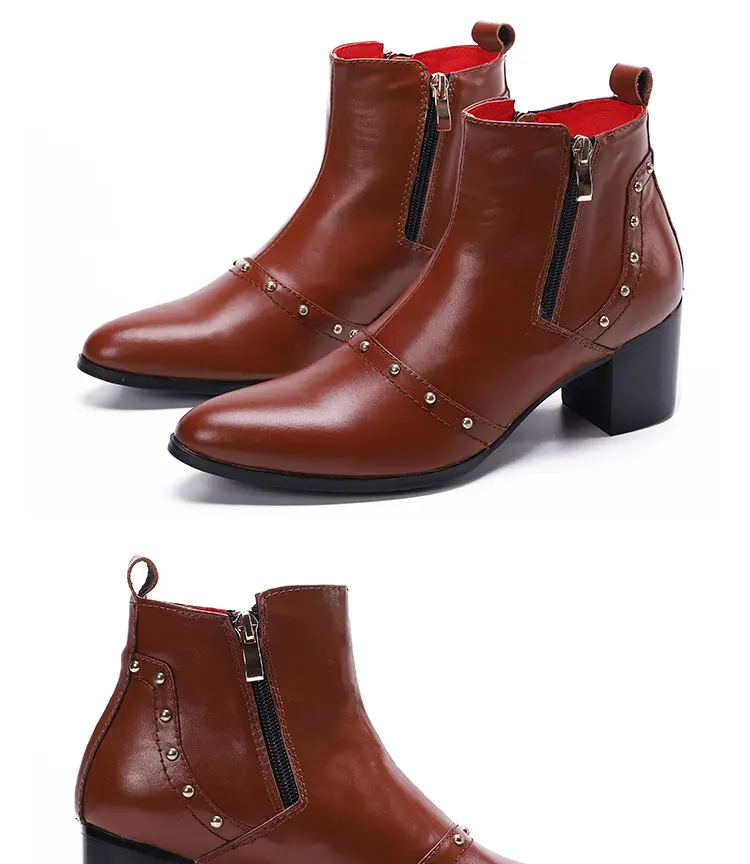 Herbst und Winter spitze High Heels Herren stiefel binden eine Kette Niet Gürtels chnalle dicken Absatz echtes Leder dicke Stöckels tiefel – Detail 13
