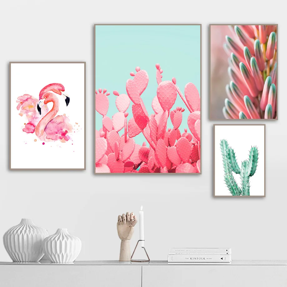 Pink Cactus Flamingo Flower Landscape Wall Art Canvas Painting Nordic Posters And Prints Wall Pictures For Living Room Decor