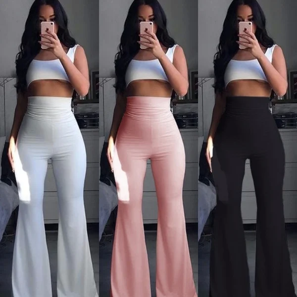 

Women's Fashion Hippie Bohemian Bell Bottom Pants Autumn Ladies Stretch Pants Solid Color High Waist Long Wide Leg Pants