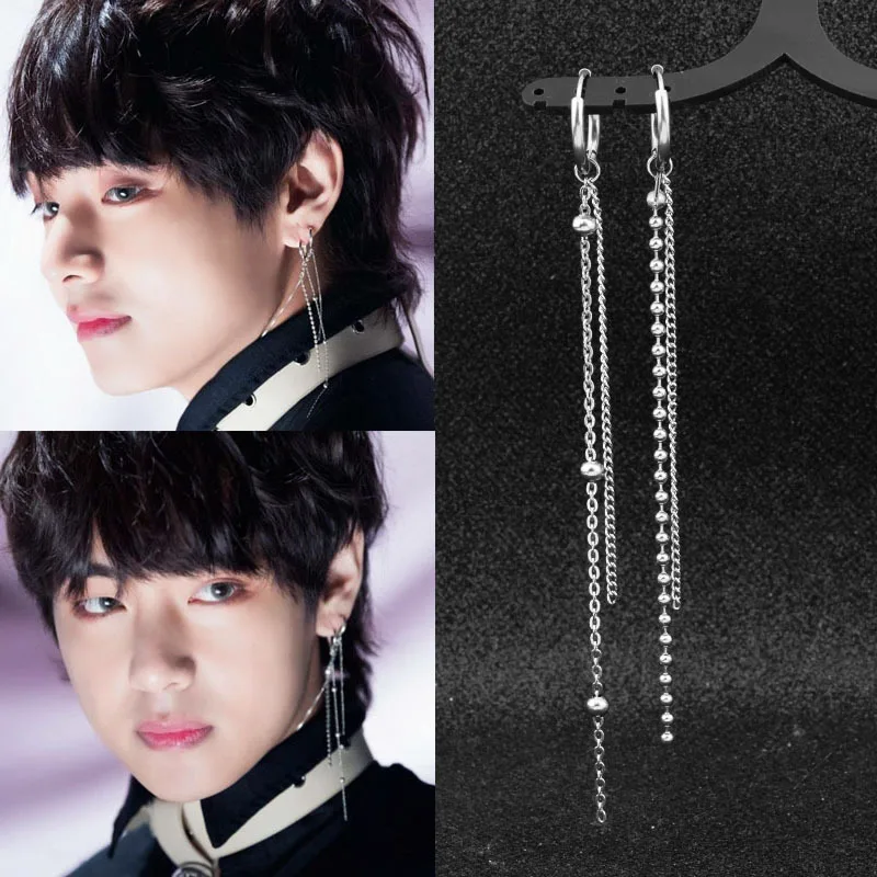 Women Men Stud Earring Stainless Steel Street Pop Hipster Rock Long Chain Tassel Pendant Hip Hop Boys Guy Punk Earrings Ear Clip