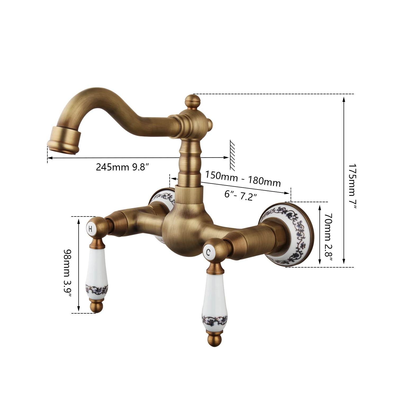 ZAPPO Antique Brass  Bathroom Sink Mixer Faucets Hot and Cold Water  Mixer Tap Wall Mounted Dual Handle 360 Swivel Spout Tap