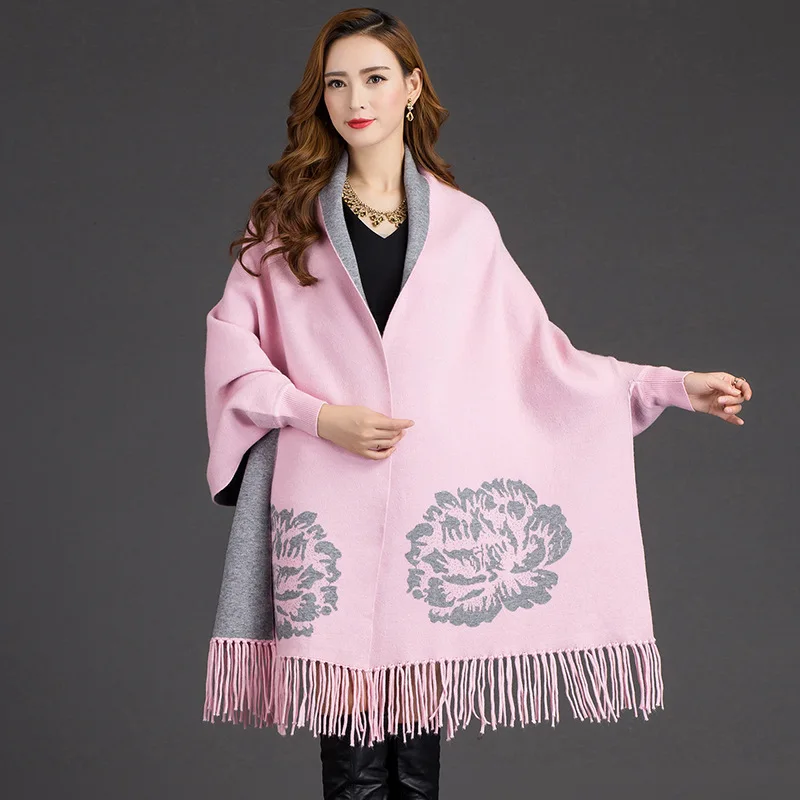 Imitation Mink Cashmere Autumn Winter Imitation Cashmere Color Scarf Sleeves Jacquard Thick Tassel Female Shawl Dual-Use Foulard