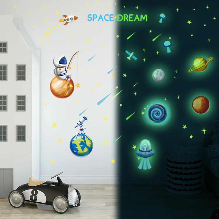Leuchtende Weltraum-Planeten-Raketen-Wandaufkleber für Kinderzimmer, Schlafzimmer, Heimdekoration, Wandbild, Cartoon-Wohnzimmer, im Dunkeln leuchtende Aufkleber – Detail 6