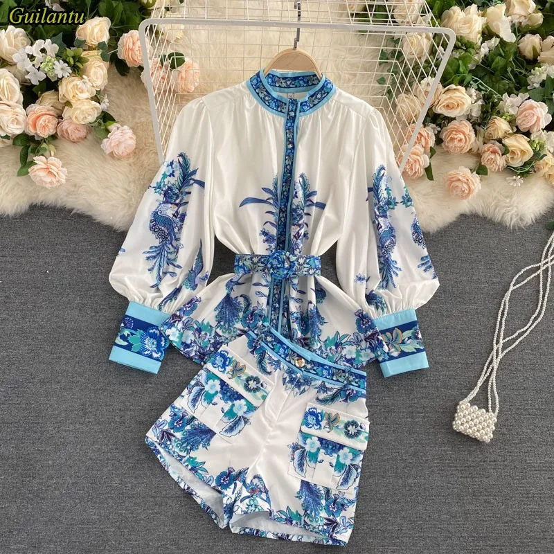 Guilantu Spring Autumn Shirt And Short Pants Two Piece Set Outfits Fashion Print Floral Casual Vintage 2 Piec Woman Sets Clothes