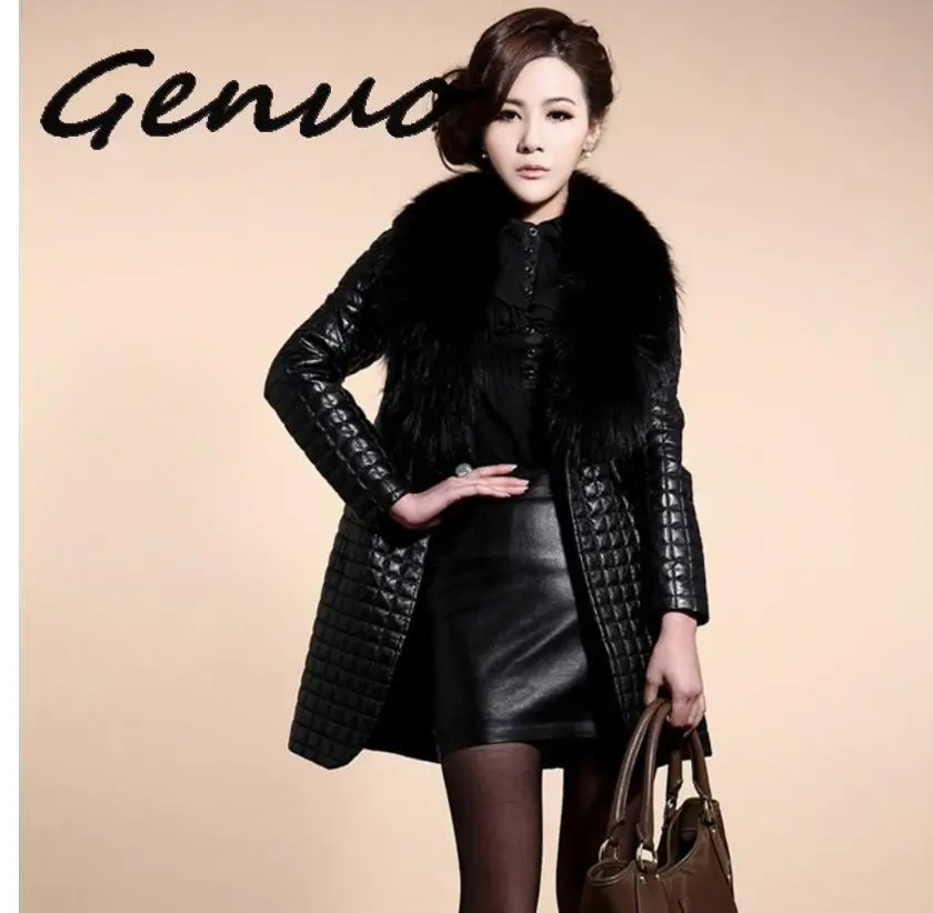 Womens Large Size Casual Pu Leather Overcoats Long Section Fur Collar Leather Jackets Female Leather Coats Jaqueta De Couro