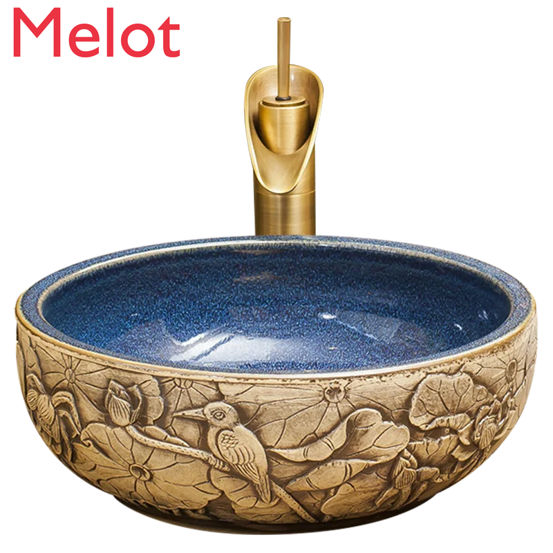 Desktop Basin Retro Wash Basin Art Basin Bathroom European Style Wash Basin Household Ceramic Basin round Basin