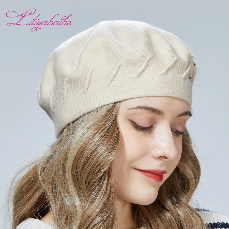 Liliyabaihe women winter hat Wool knit berets High-end diamonds of the same color decoration Popular folds fashion lady hat