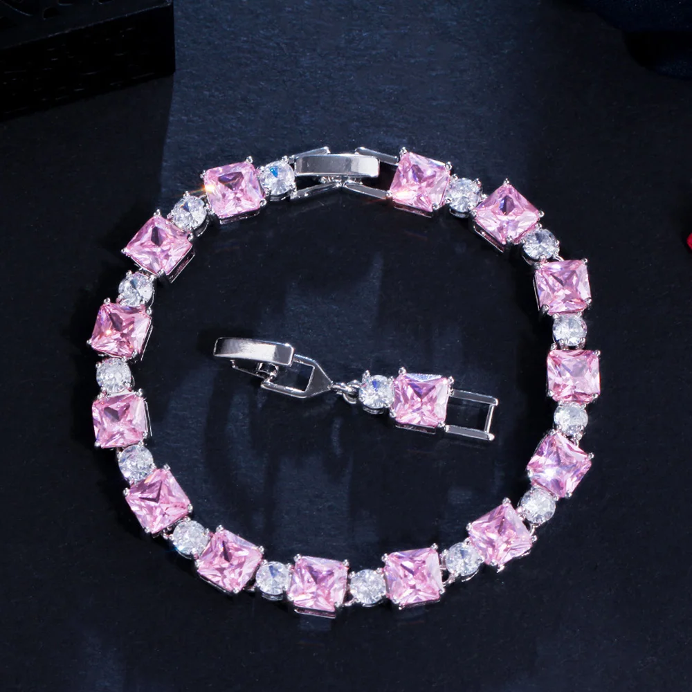 CWWZircons Gorgeous Pink Cubic Zirconia Square Tennis Chain Bracelet for Women Luxury Wedding Party Jewelry Accessories CB276