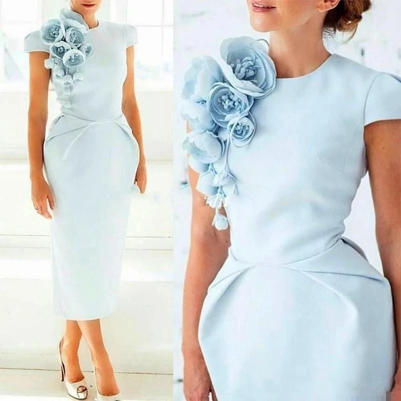 

Sky Blue Mother Of The Bride Dresses Sheath Cap Sleeves Tea Length Flowers Short Groom Mother Dresses For Wedding