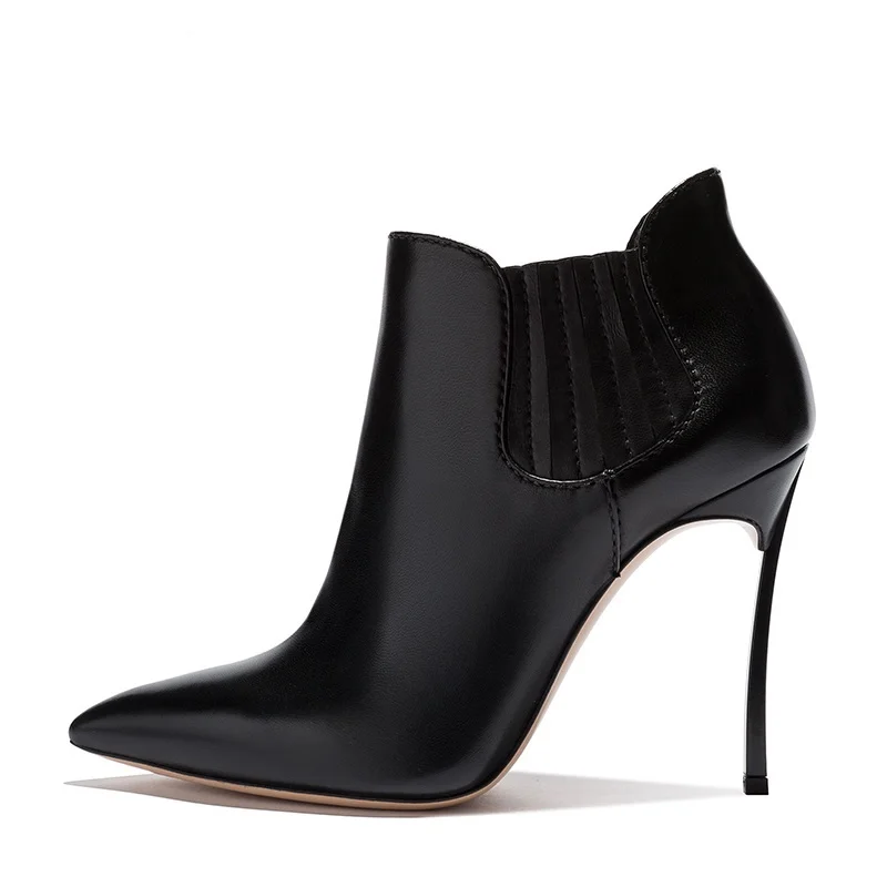 

Black Leather Blade Heels Leather Boots 12/10cm High Heel Boots Sexy Pointed Toe Woman Ankle Boots