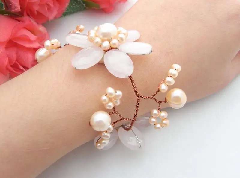 YYGEM Handmade Natural Pink Freshwater Pearl Oval Rose Quartz Flower Statement Wrap Bracelet