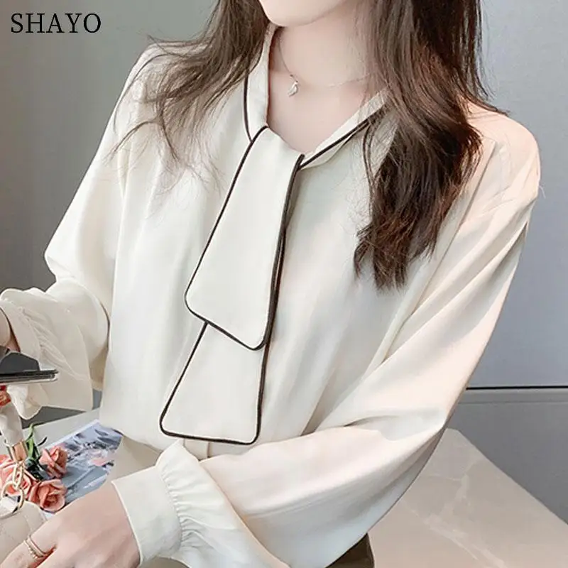 

Cute Long Sleeve Blouse Women 2021 Bow V-Neck Office Blouse Tops Chiffon Blouse Shirt Women Lady Sweet Blouses Ladies Spring