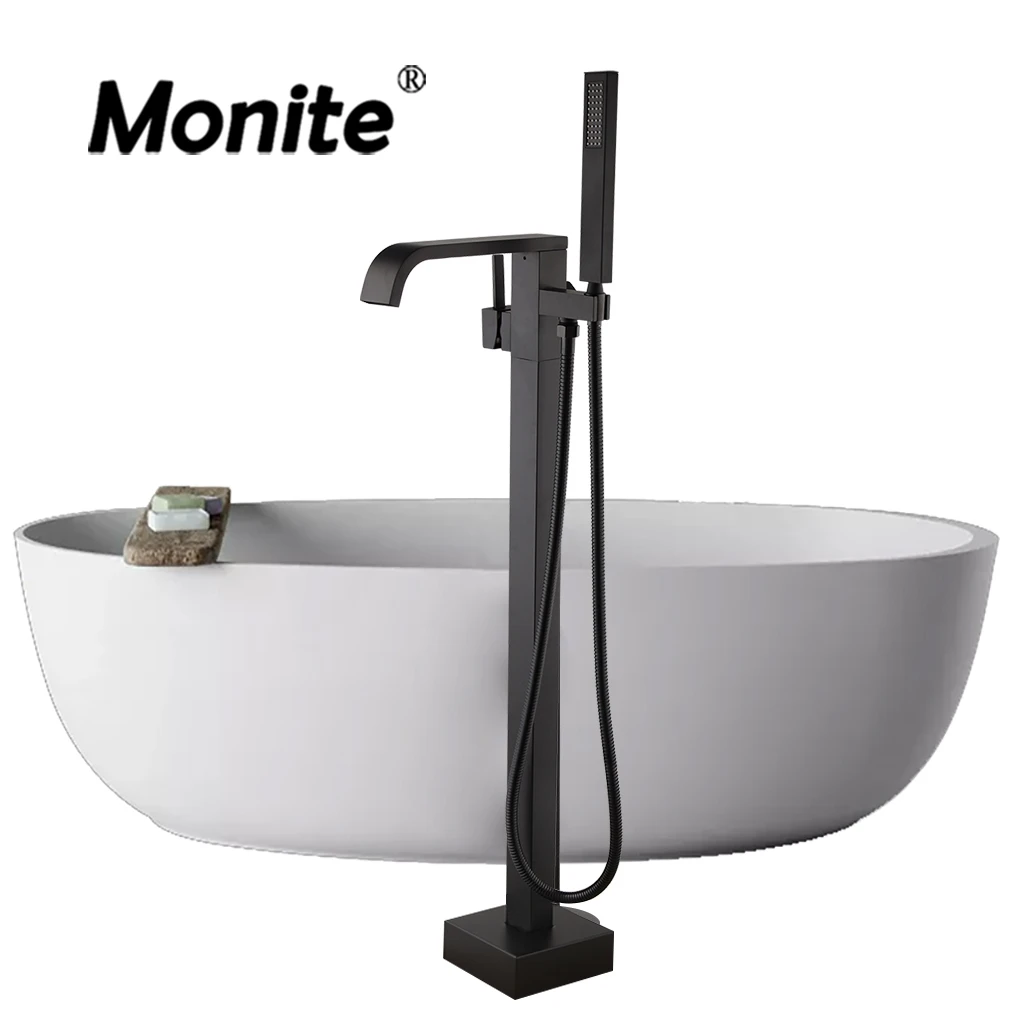 

Monite Chrome Brass Bathtub Floor Stand Faucet Mixer 1 Handle 360 Rotation Spout & ABS Handshower Black Bath Mixer Shower Faucet