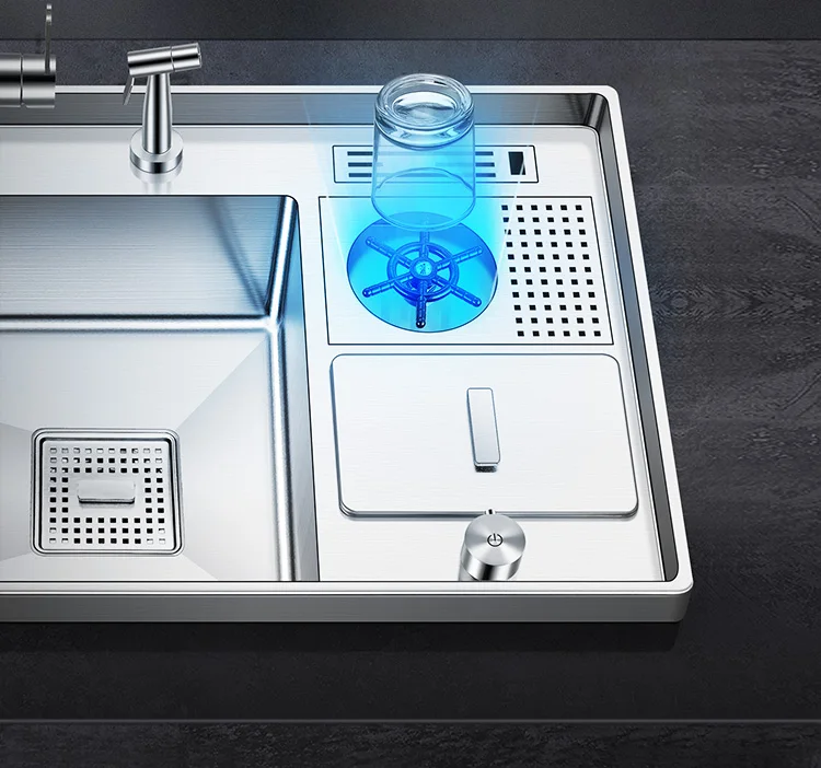 Handmade Kitchen Sink Set com Dual-Mode Pullout Faucet, 3D circundante, Cup Rinser, SUS304 aço inoxidável, ASRAS-8549X