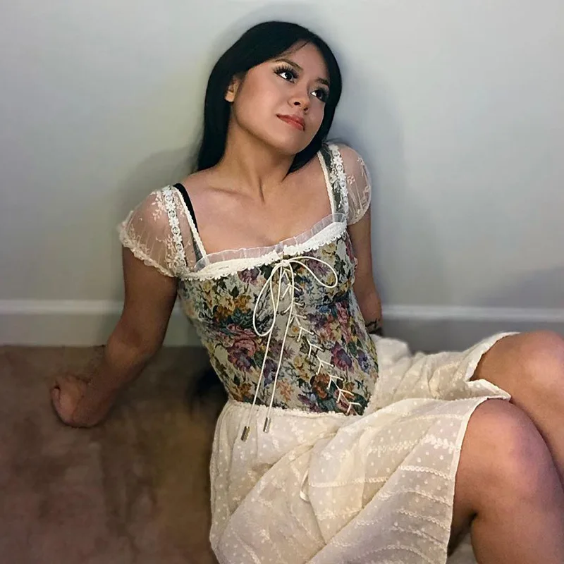 Vintage Floral Print Corset Flounce Irregular Suspender Cummerbunds Women Sexy Bodycon Boat Neck Jacquard Camisole