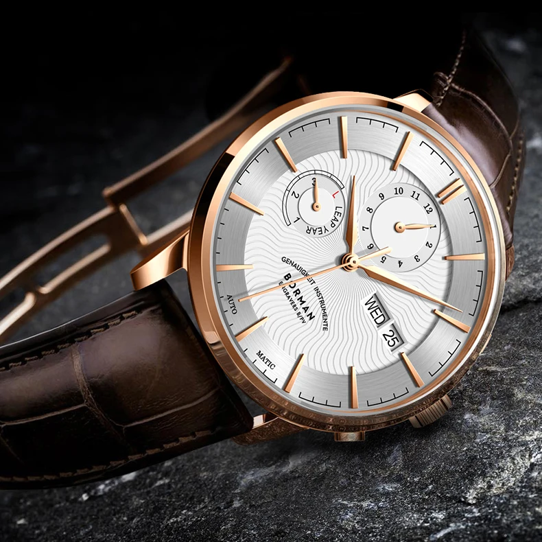 BORMAN Men Automatic Watch 41mm Mechanical Wristwatch Waterproof Sapphire Mirror Multi Dial Leap Year Month Week Date