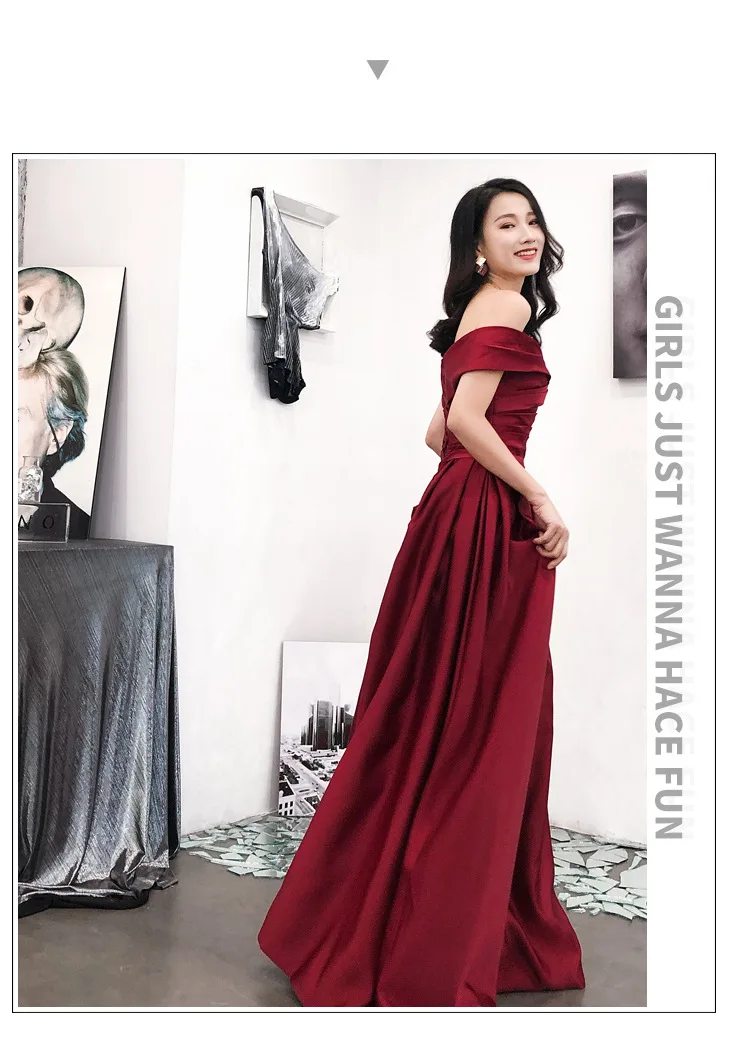 Long Evening Dress Female Shoulder Noble Temperament Large Size Wine Red Toast Dress Bride Annual Meeting Host