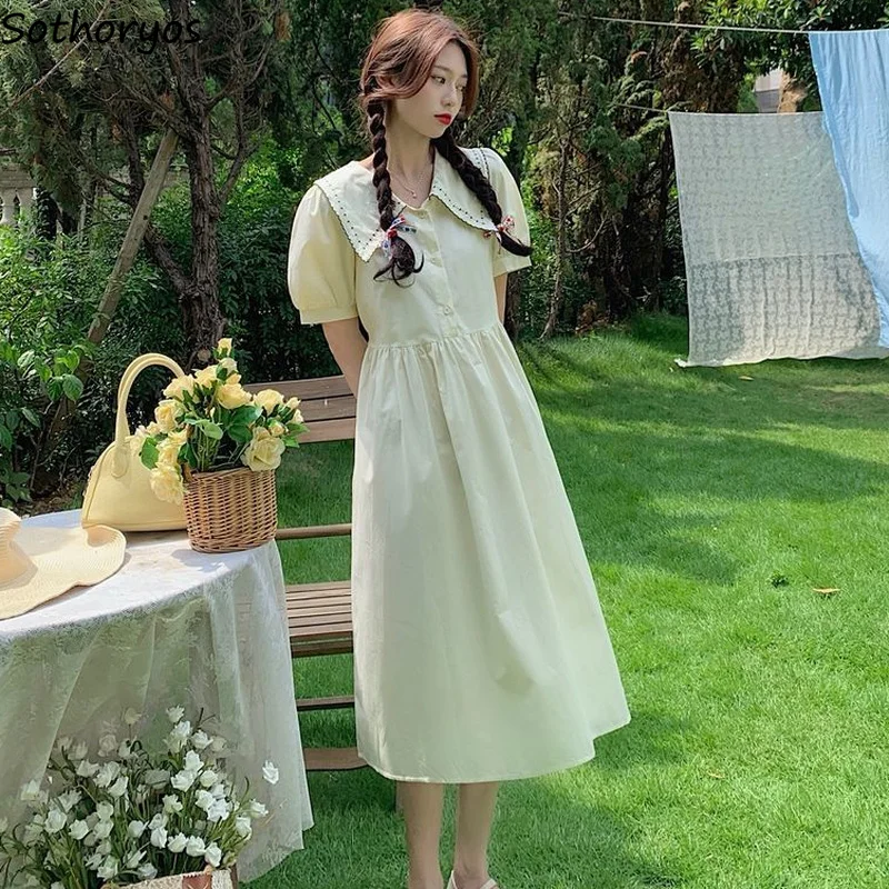 

Short Sleeve Dress Women A-line Peter Pan Collar Button Empire Elegant Puff-sleeve Design Gentle Defined Waist Feminine Vestidio