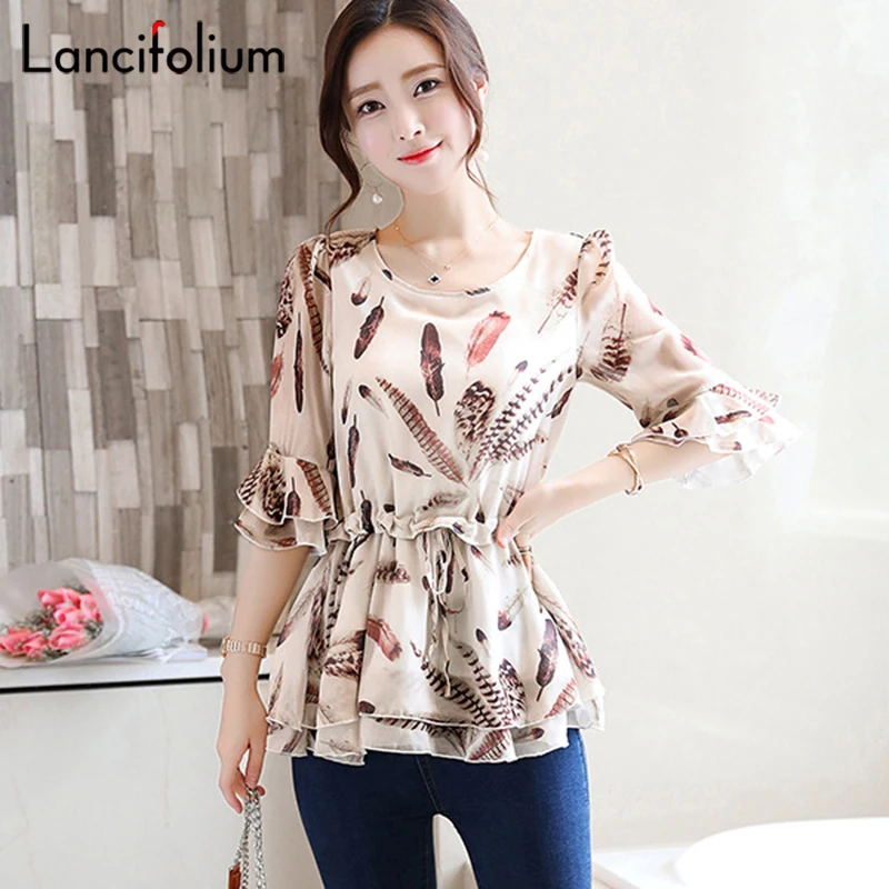 Bunga Chiffon Blus Wanita Musim Panas Korea Ruffle Peplum Top Wanita 2020 Elegan Plus Ukuran Kemeja Kantor Wanita Camisas Feminin