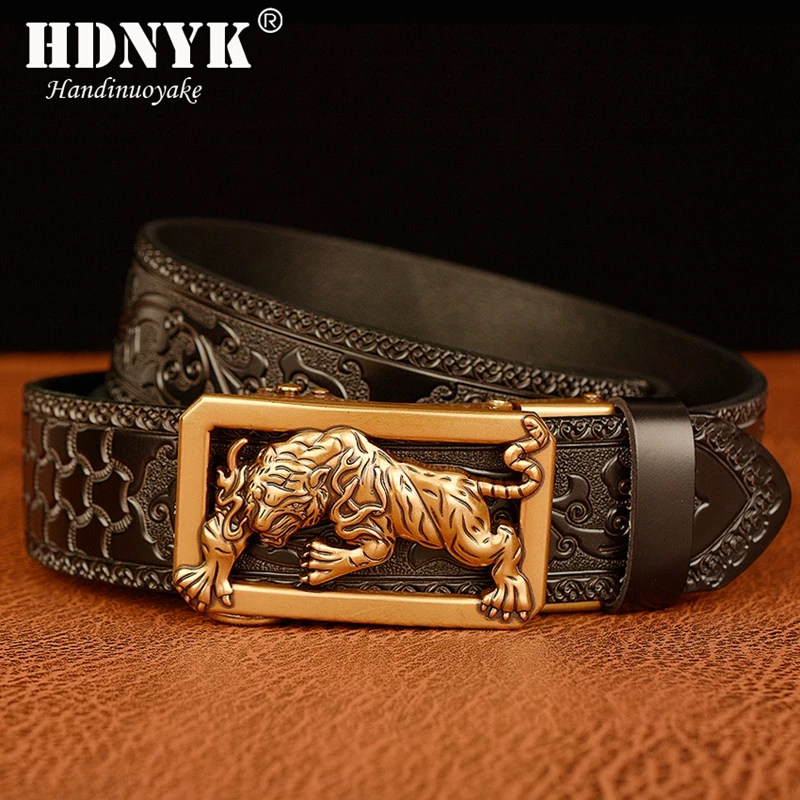 New Arrivel Tigger Buckle with Tang Grass Pattern Leather Belt for Men Work of Art Belt Automatic Buckle