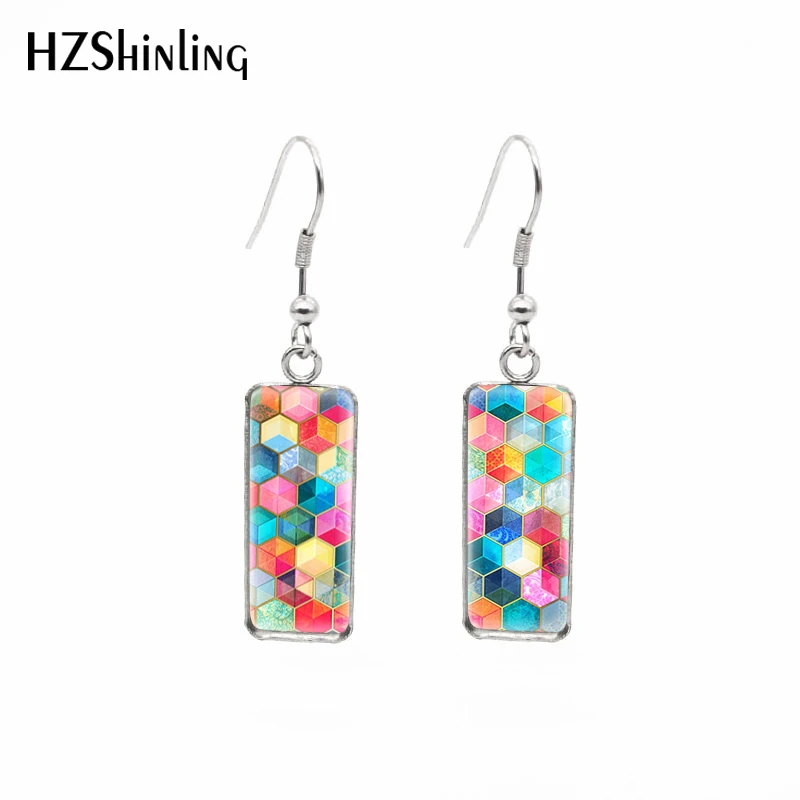 2021 New Rainbow Honeycomb Rectangular Earring Colorful Art Fish Hook Earrings Glass Cabochon Handmade Jewelry