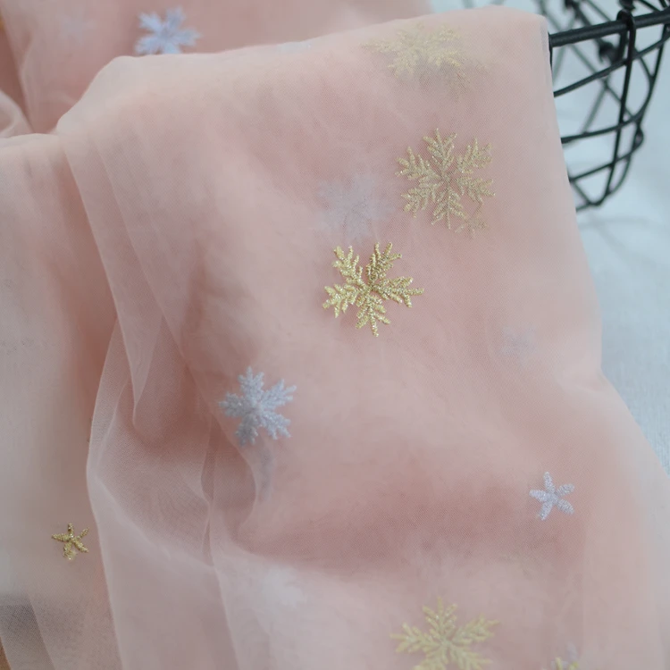 150cm wide 1meter/lot Thin Gauze Fabric Gold and Silver Wire Star Snowflake Lace Fabric Material Dress Tulle Material X115