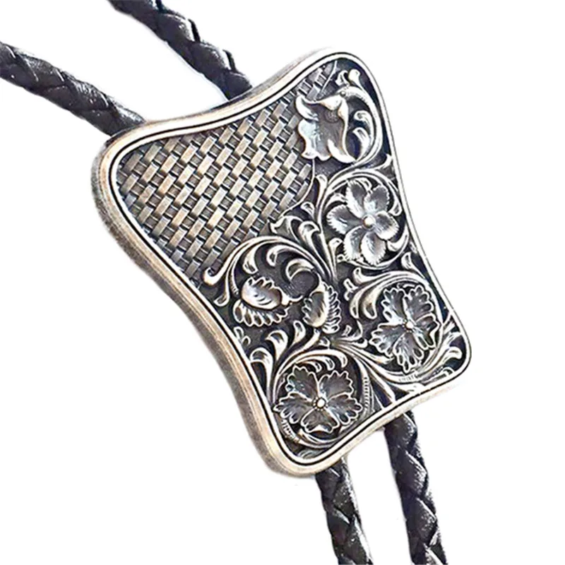 Western Style Bolo Tie European American Leather Carving Pattern Tie Tassel Men's Fashion Jewelry Accessory