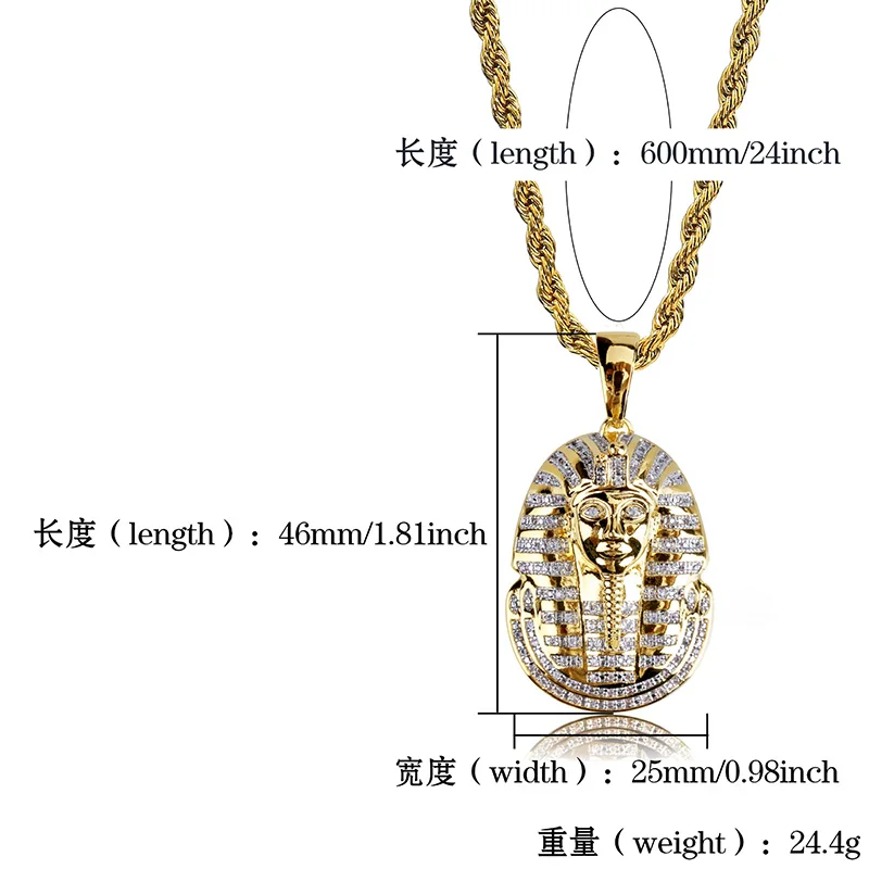 Hip Hop Micro Paved AAA+ Cubic Zirconia Iced Out Bling Egyptian Pharaoh Tutankhamun Pendants Necklace for Men Rapper Jewelry