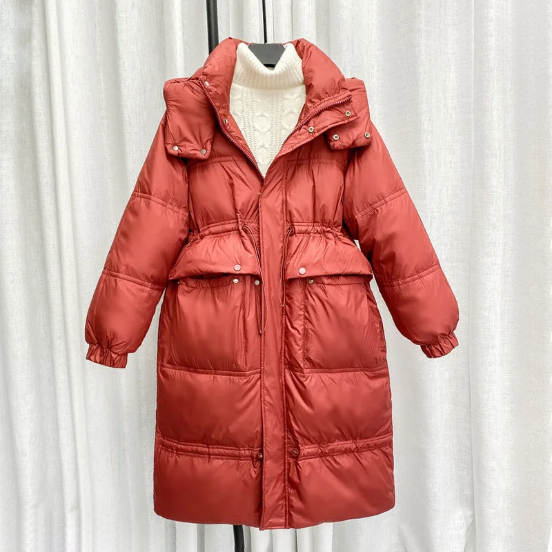 Lose Mit Kapuze Unten Jacke Frauen Mode Einfarbig Große Tasche Winter Mantel Koreanische Version Kordelzug Dicke Weiße Ente Unten Jacke