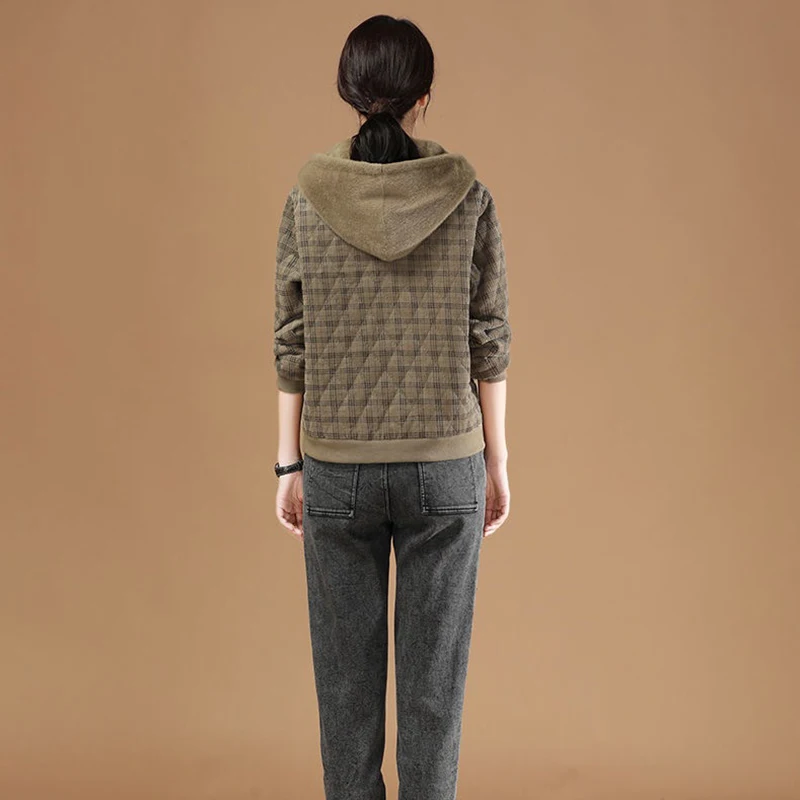 Casual Thin Women\'s Cotton Coat Corduroy Short Jacket 2024 New Autumn Winter Korean Add Thick Lamb Wool Plaid Coat Female Tops