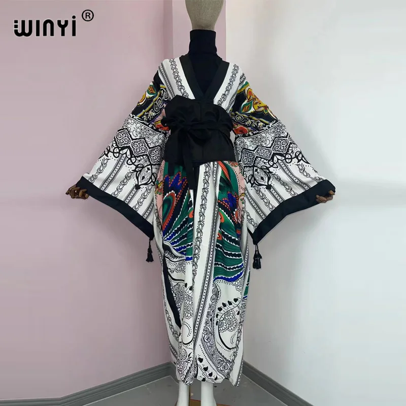 WINYI 2022 kobiety kimono moda w stylu Vintage Totem kwiatowy kaftan drukuj talia seal koszula Midi sukienka z długim rękawem Casual Slim Vestidos