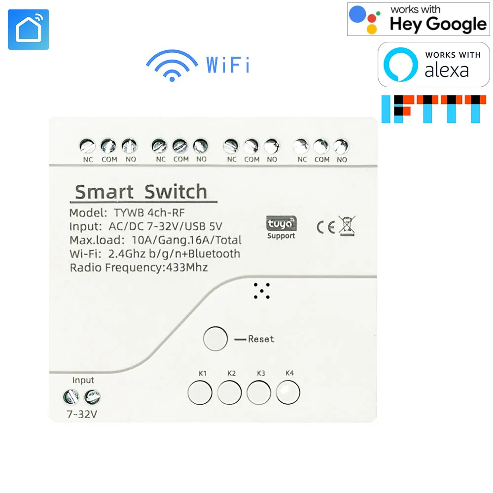 Tuya WiFi Wireless 4-Gang Smart Switch Module Inching Interlock Relay Controller, fai da te la tua casa, funziona con Alexa Google Home