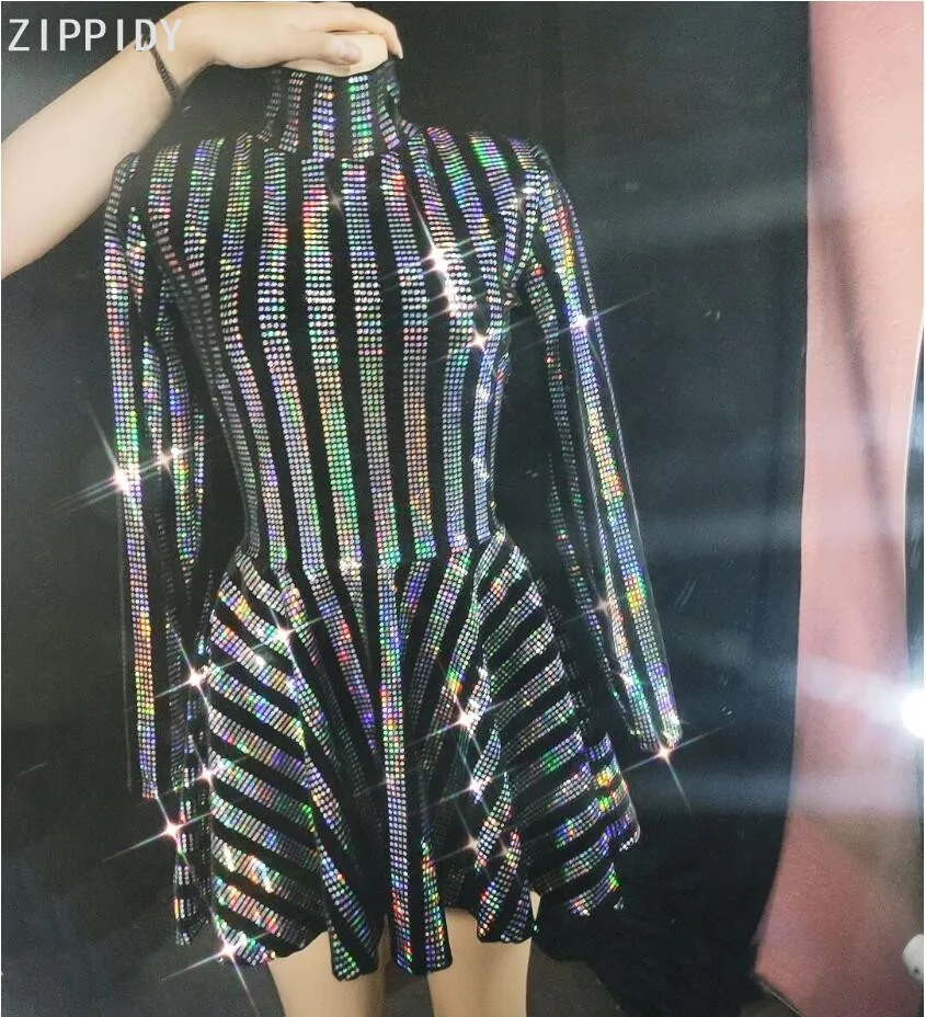

Colorful Sequins MINI Dress Birthday Prom Celebrate Long Sleeve Black Outfit Female Singer Dancer Show Evening Dress