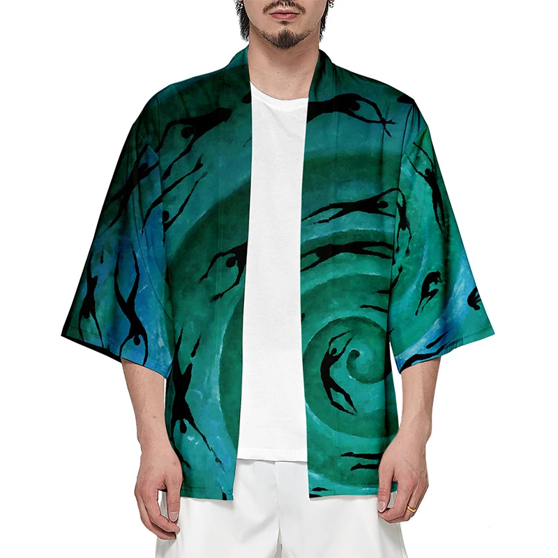 Three-dimensional Vortex Costume 3d Print Kimono Shirt Men Seven Point Sleeve Tops Daily Casual Cool Cardigan Jackets Streetwear