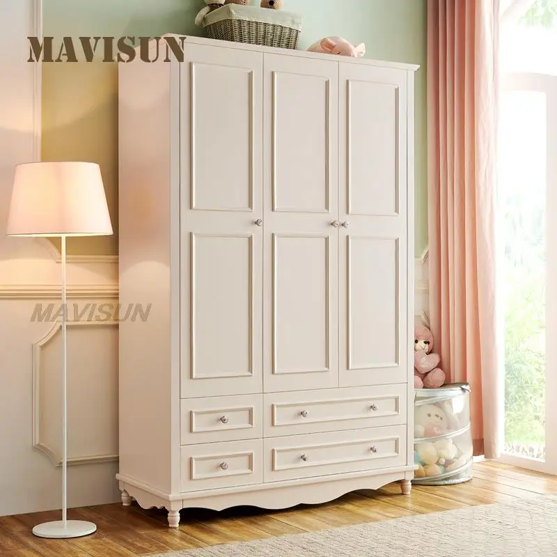 American Style Solid Wood Wardrobe With Drawer Simple Household Bedroom Furniture Three-Door White Clothing Cupboard For Child