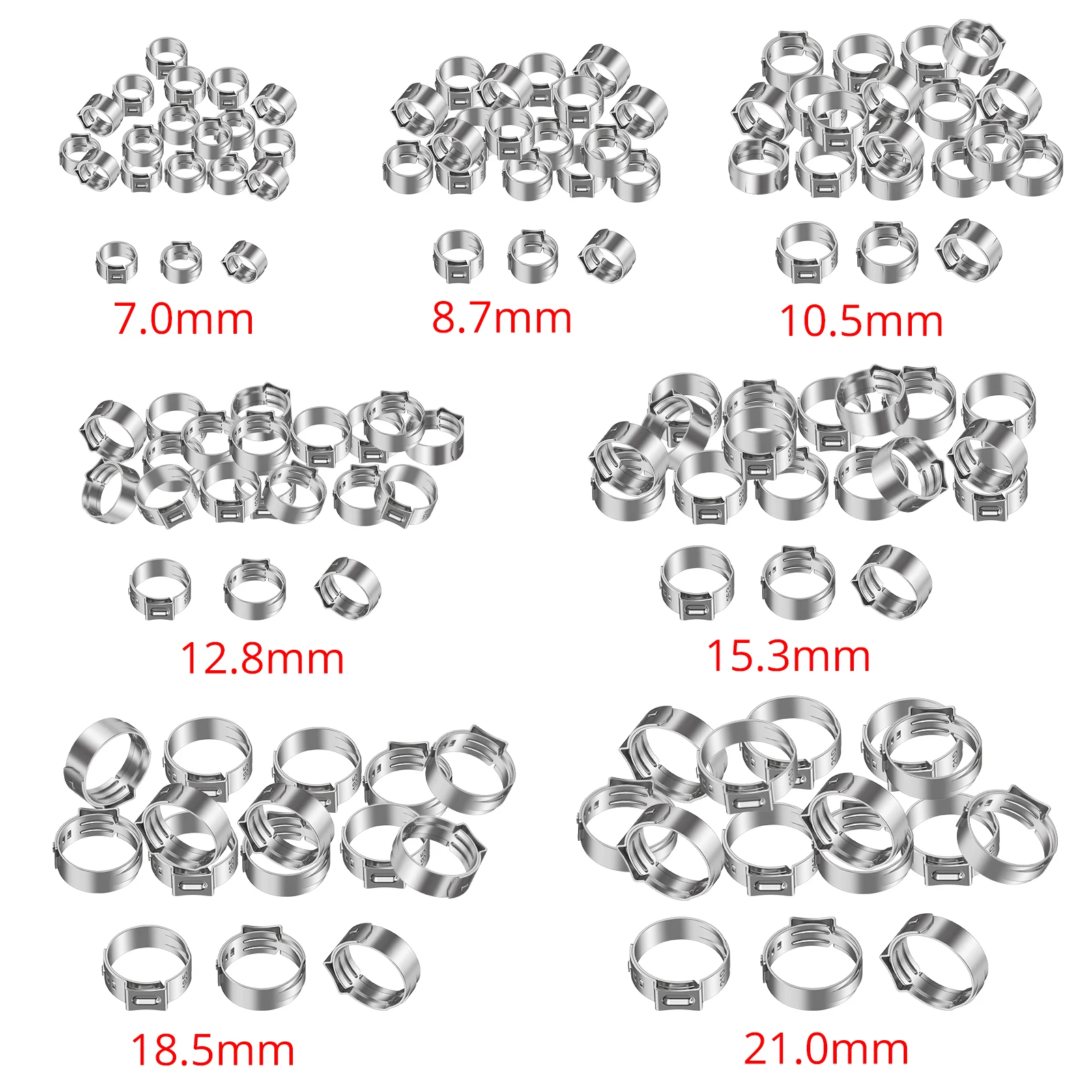 GARLLEN 130 Buah 7-21Mm 304 Klem Selang Stepless Telinga Tunggal Baja Tahan Karat 360 ° Desain Stepless Cincin Klem Selang Bermacam-macam