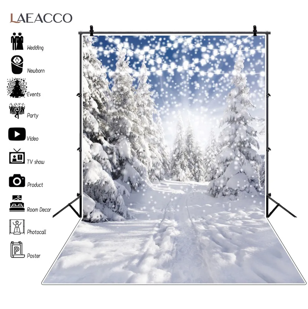 Laeacco Winter Snow Portrait Backdrop for Photography Pine Tree Snowflake Child Kids Christmas Background for Photo Studio