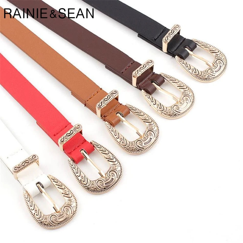 RAINIE SEAN Leather Belts For Women Red Pu Leather Women Belt Pu Leather Vintage Engrave Brand Ladies Leather Belts For Jeans